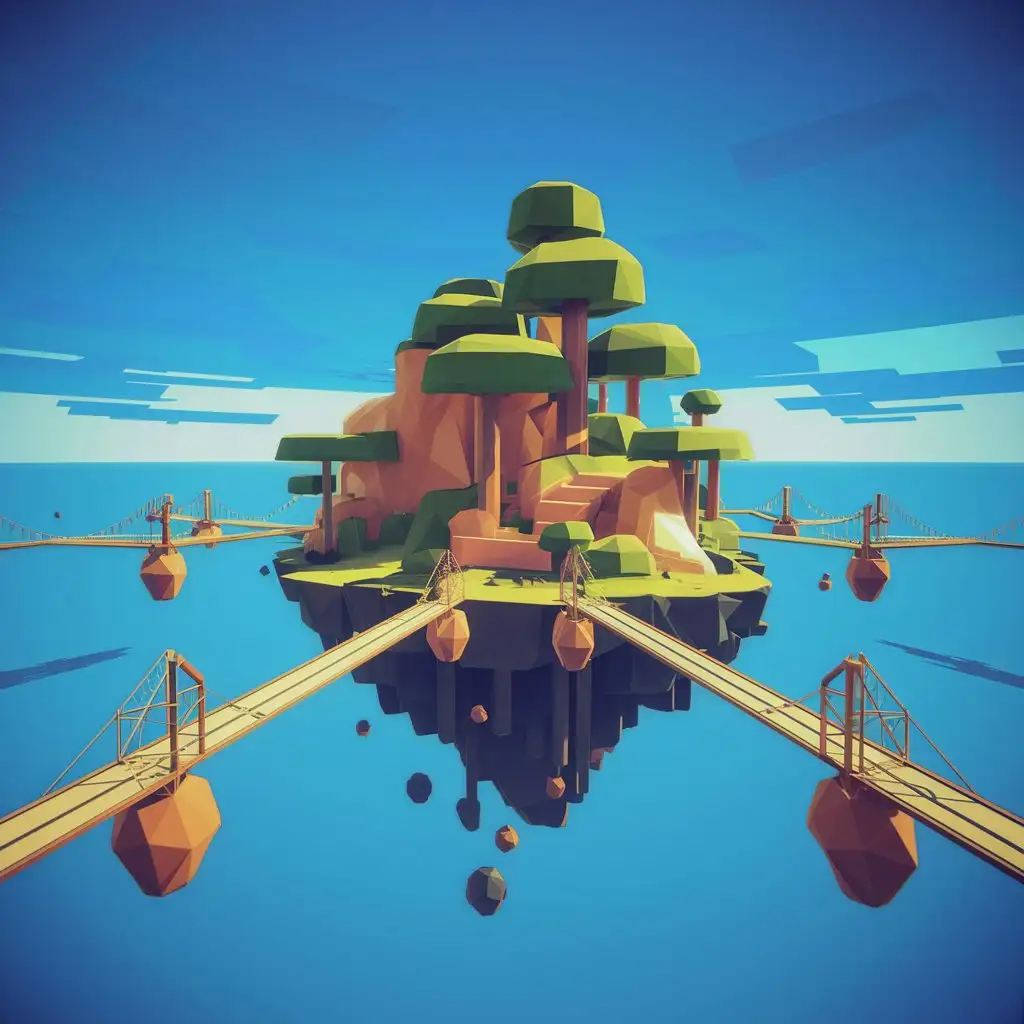 Floating-Island-Connected-by-Bridges-Icon-in-Lowpoly-Style