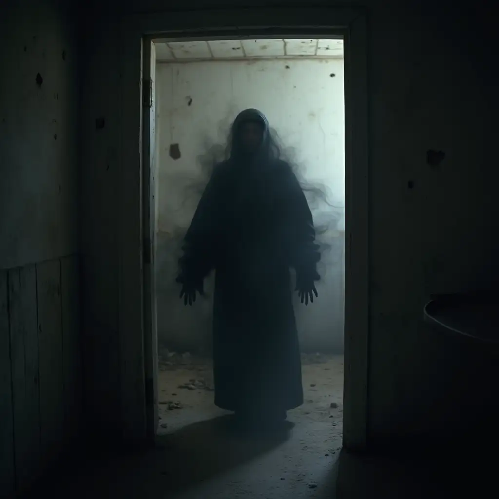 realistic black smoky windy ghostly paranormal creature, empty doorway of dilapidated russian apartment in background, fear horror, black on black, post-apocalyptic freeze frame, dynamic composition, detailed image, concrete wall in background creating a sense of tension, cinematic freeze frame