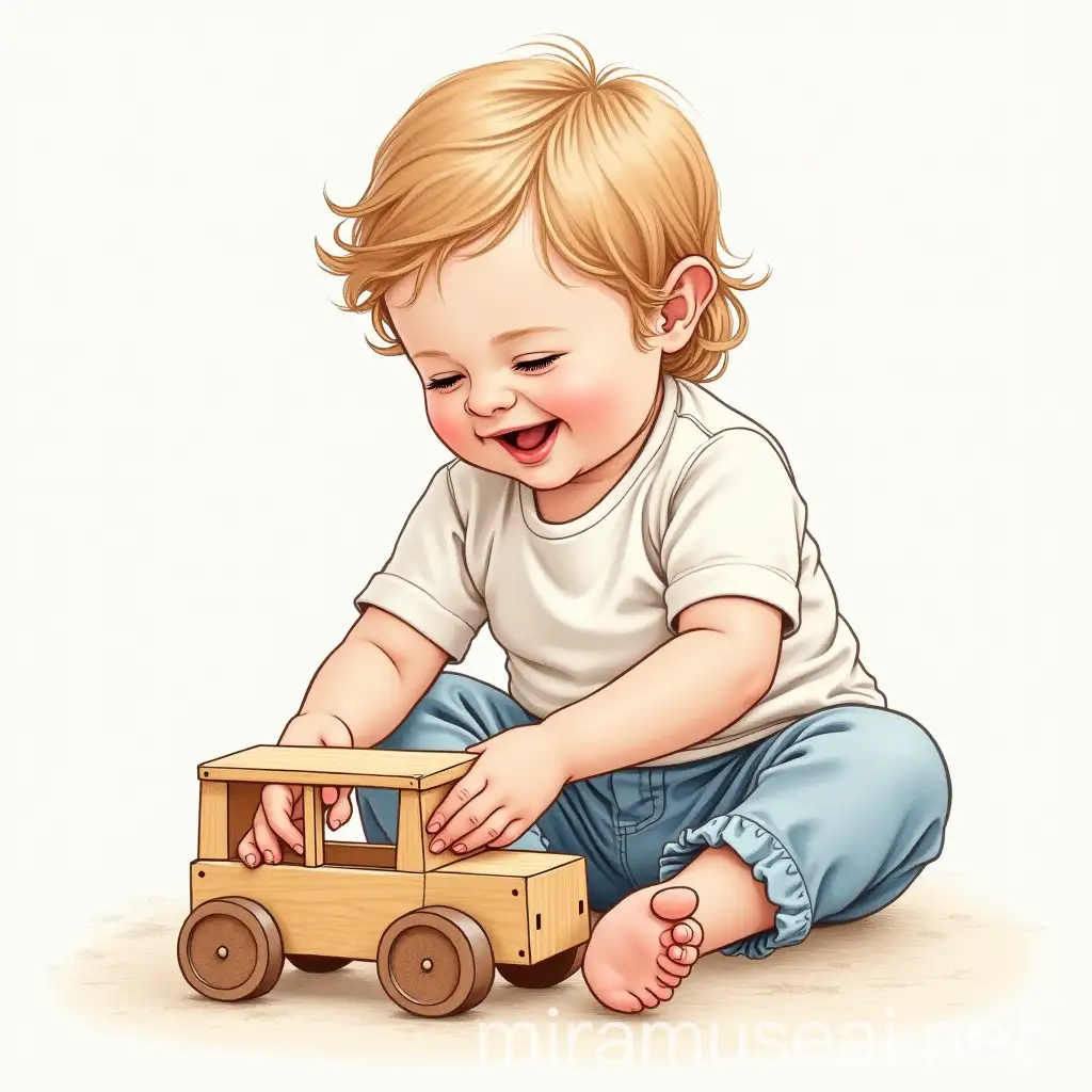 Happy 4YearOld Child Playing with Wooden Toy