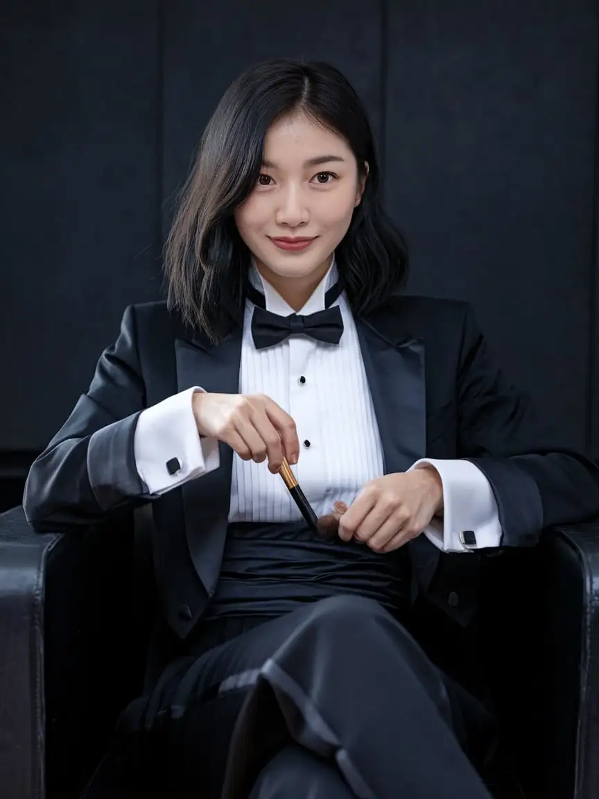 Smiling-22YearOld-Chinese-Woman-in-Elegant-Tuxedo-in-Dark-Room