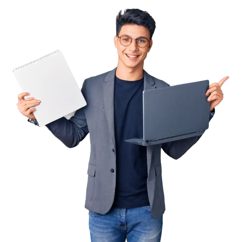 a young man holding laptop with happy face