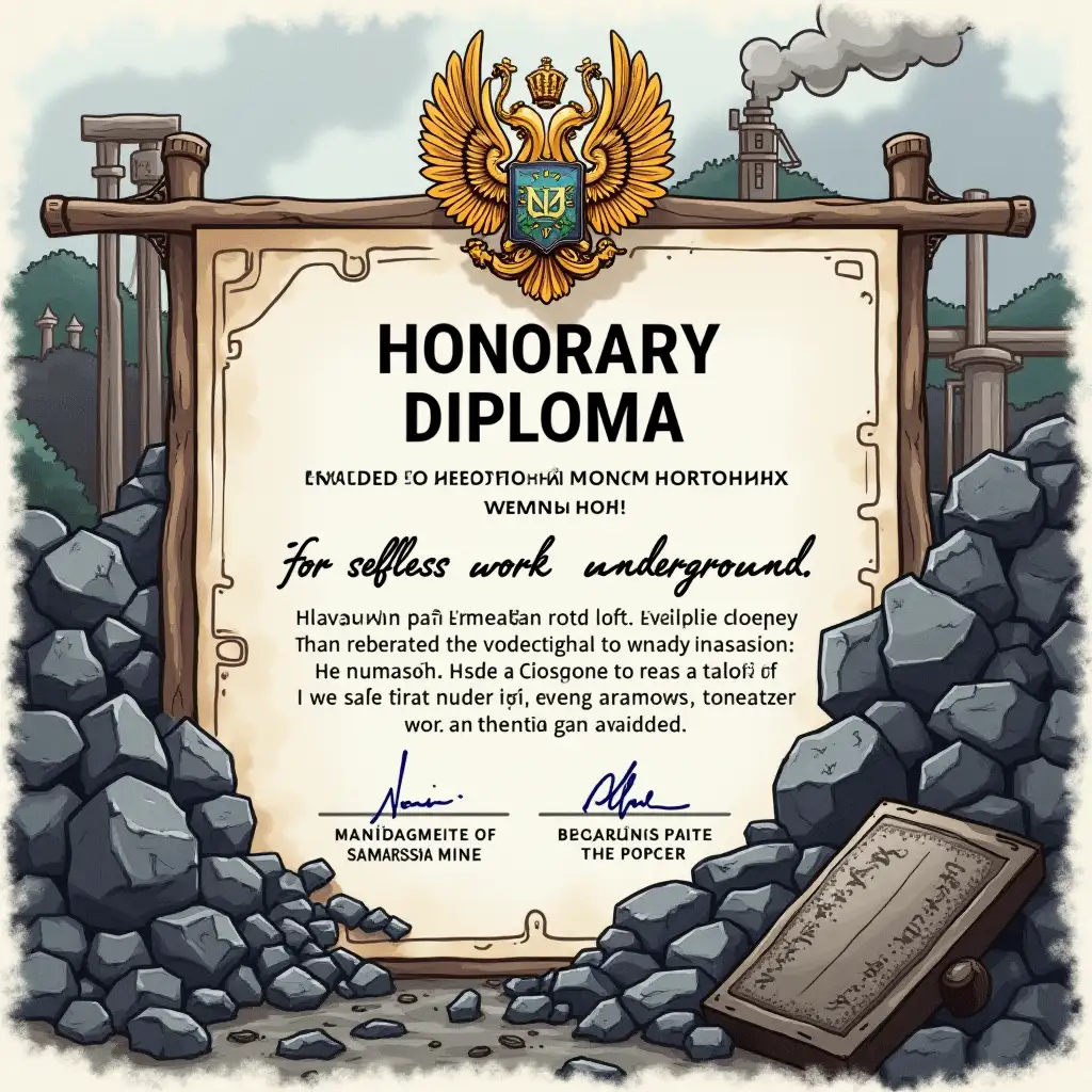 Draw an A4 format diploma, drawing on a A4 paper. Create background with coal industry . Write: HONORARY DIPLOMA Awarded to Vолодимир Іванович Гордіченко for selfless work underground. PAY ATTENTION TO THIS TEXT!!! Highlight this text specifically. Management of SAMARSKA mine. And certify the signature of the leader with a stamp