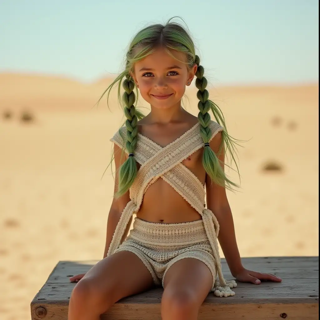 12YearOld-Girl-with-Green-Pigtails-Sitting-on-a-Desert-Bench-in-Lace-Crossover-Bra-Outfit