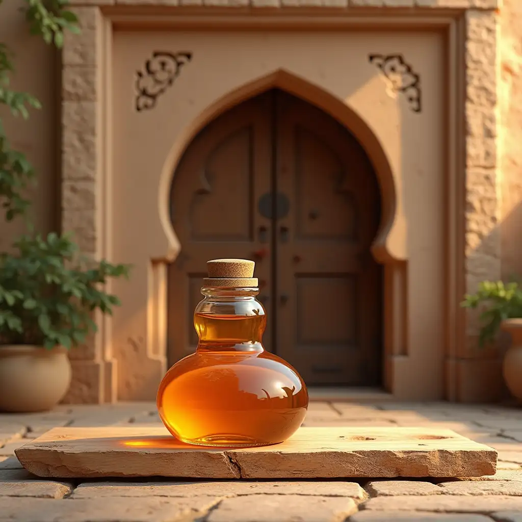 create me an image of honey bottle with a old moroccan door