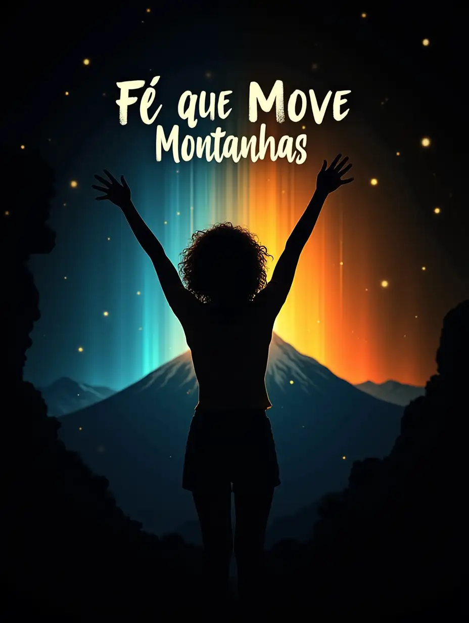 (((Create a photograph on a black background, realistic style, silhouette of a girl with curly hair with her arms raised, in front of a large mountain, with rays of light crossing the scene, showing the strength of faith, use the colors: Electric Blue, Vibrant Orange and Neon Yellow. The phrase “Fé que Move Montanhas” is at the top, in a modern and stylized typography, following the curve of the sky.)))