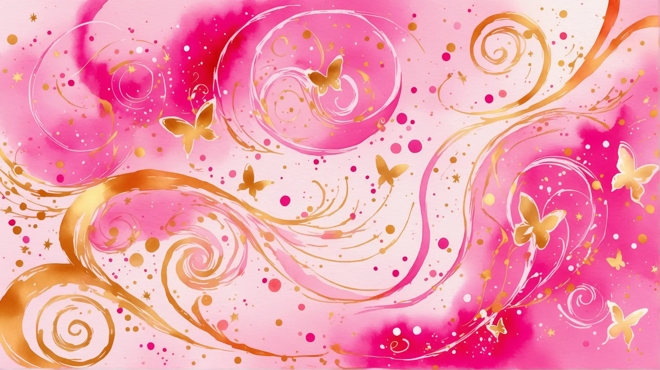 Abstract Watercolor Image with Swirls Sparkles and Butterflies in Hot Pink Gold