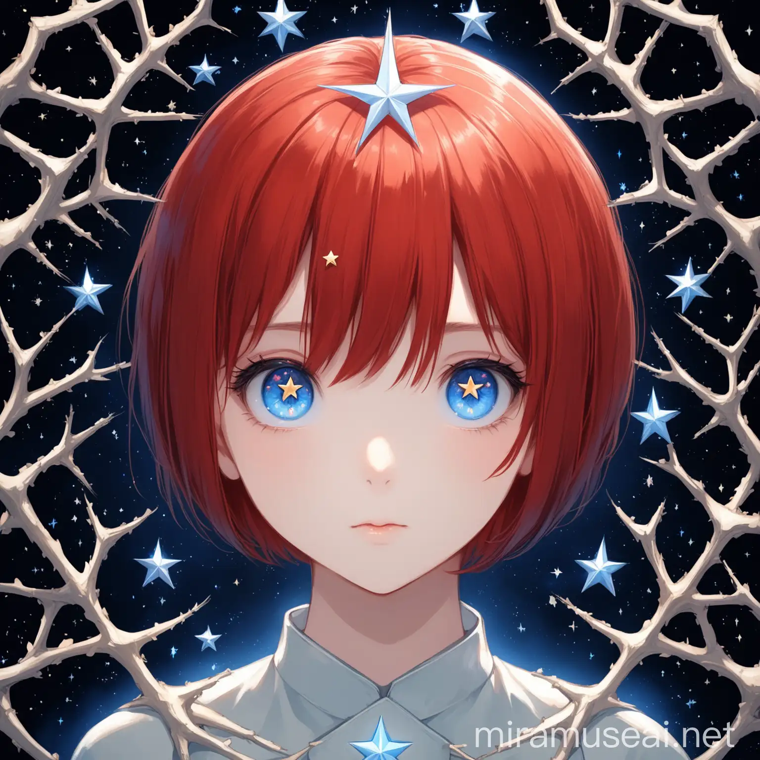 Girl with Red Square Haircut and Star Eye Decoration