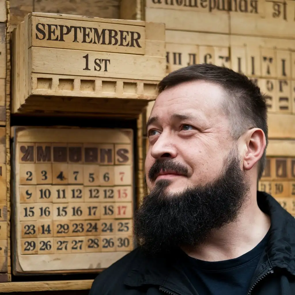 Russian singer Mikhail Shufutinsky with a black beard and mustache stands in front of a detachable block ancient calendar and looks at it thoughtfully, the text 'September 1st' on the calendar, Mikhail Shufutinsky wants to turn the calendar over