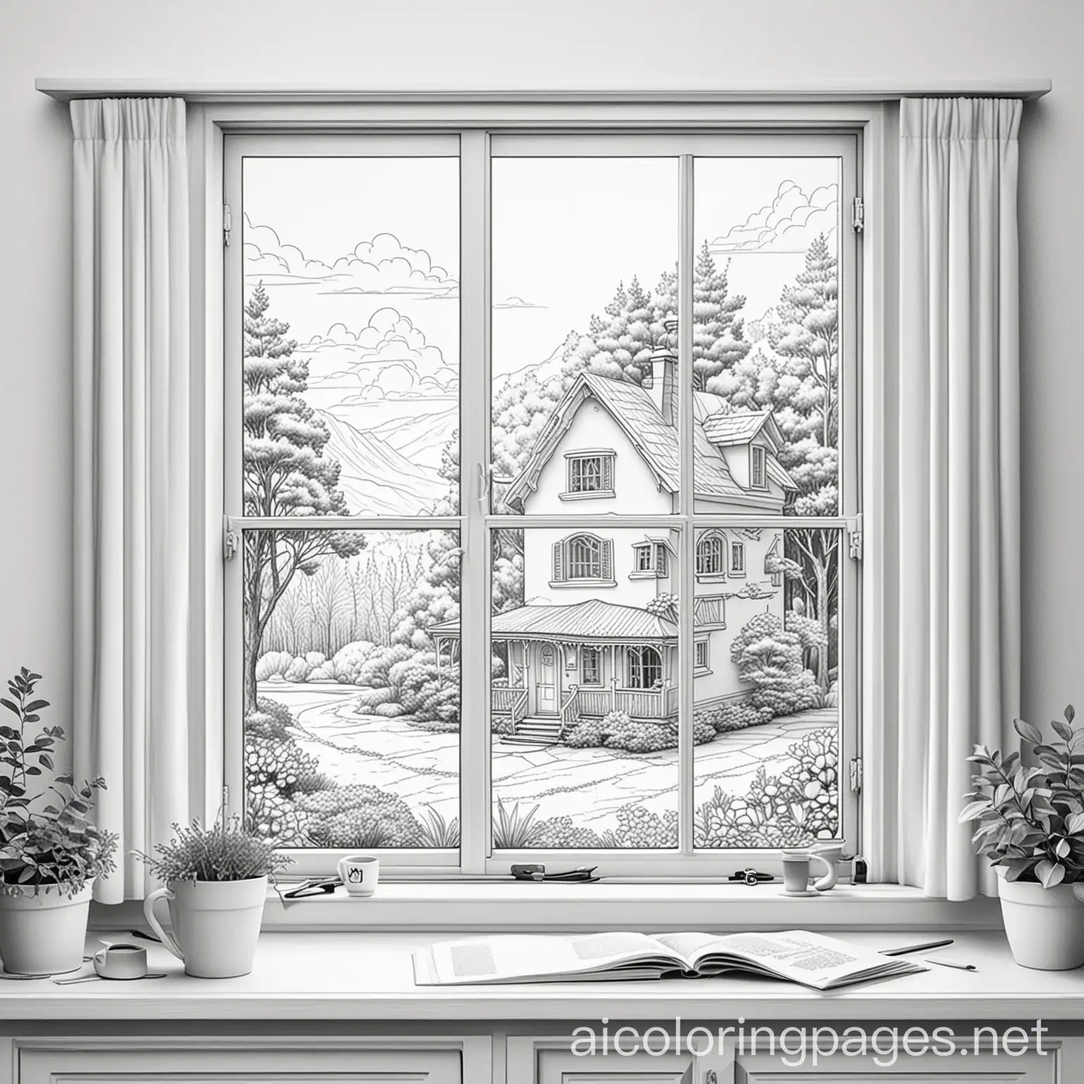 clean line art, cozy house open window with scene, Coloring Page, black and white, line art, white background, Simplicity, Ample White Space. The background of the coloring page is plain white to make it easy for young children to color within the lines. The outlines of all the subjects are easy to distinguish, making it simple for kids to color without too much difficulty