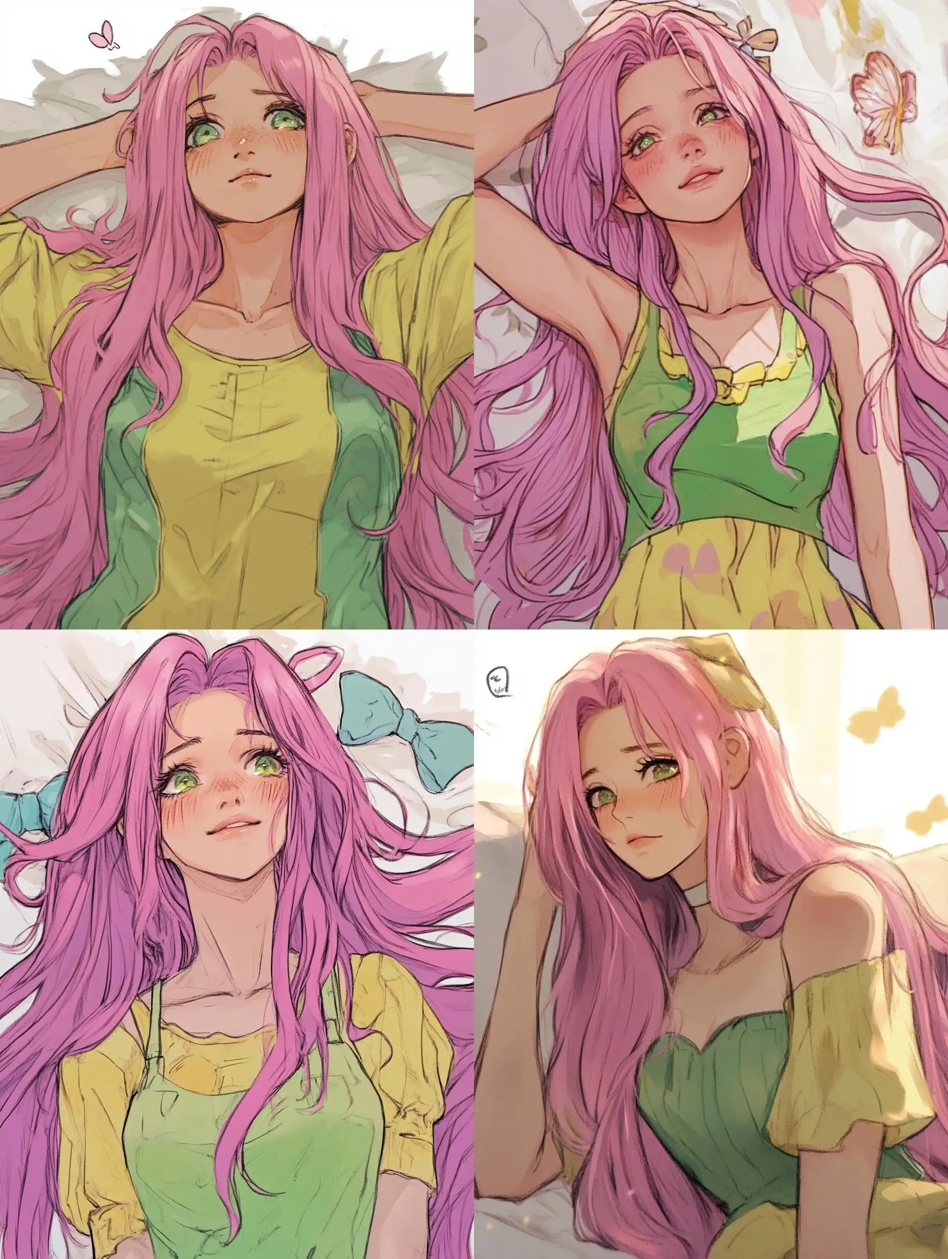 Shy-Girl-with-Long-Pink-Hair-Lying-on-Bed-in-Green-and-Yellow-Outfit