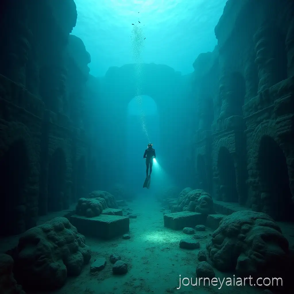 Underwater-Ruins-of-an-Ancient-City-with-Diver-and-Mythical-Statues