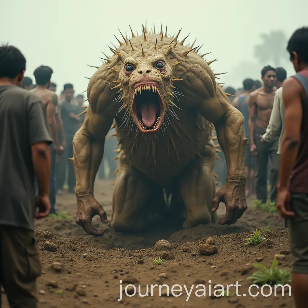 Mysterious-Creature-Emerging-from-the-Ground-Surrounded-by-Amazed-People