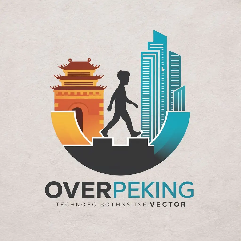 a vector logo design,with the text "OverPeking", main symbol:A young person, walking from warm-toned ancient Chinese architecture to cool-toned modern high-rise buildings, circular or semi-circular composition,Minimalistic,be used in Technology industry,clear background