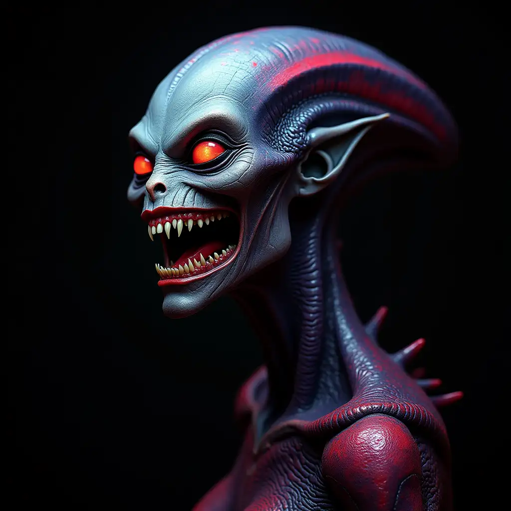 Hyperrealistic portrait of a beautiful alien queen with sharp teeth on a detailed, colorful black background