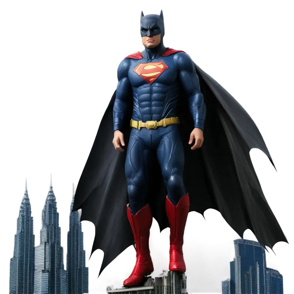 Batman-with-Superman-Logo-Flying-Over-Petronas-Twin-Towers-PNG-with-Disney-Theme-High-Quality-Image-for-Digital-Art-and-Branding