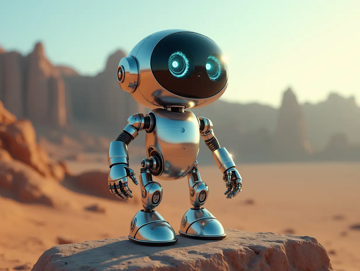 Create a high-resolution, realistic image of the artificial intelligence Robert with robot legs and feet made of metal and glass head with gears, light waveguides, LED in the desert on a rock. Lighting in 4k resolution.