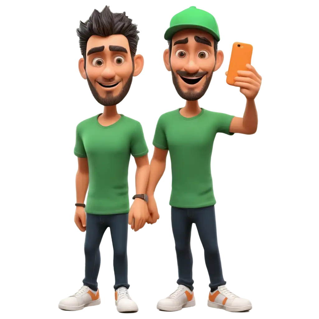 PNG-Image-of-Two-Uncles-in-Green-and-Orange-Tshirts-Holding-an-iPhone-16-in-3D-Cartoon-Animation