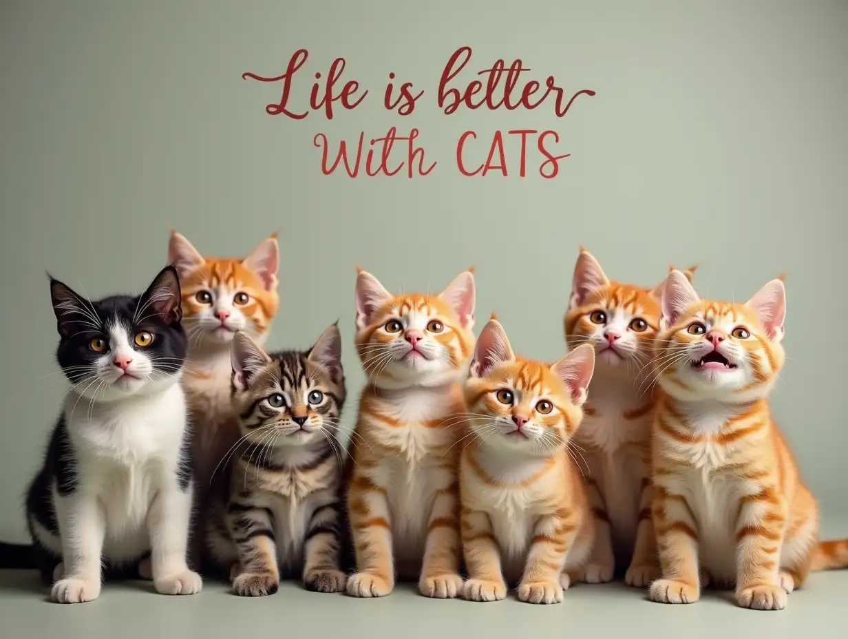 A bunch of funny happy lovely photorealistic Kittens, above them the writing reads: ''Life Is Better With Cats''