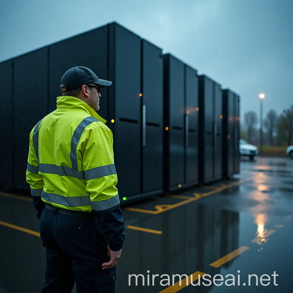 Security Guard Protecting Supercomputer in Rainy Parking Lot