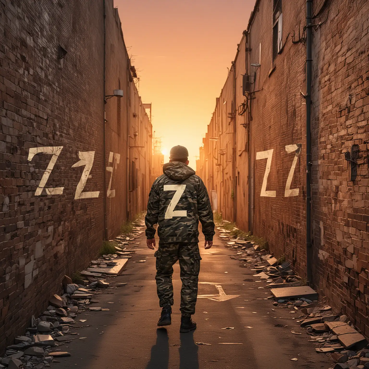 Individual-in-Camouflage-Clothing-with-Letter-Z-Walking-Towards-Alley-at-Sunset