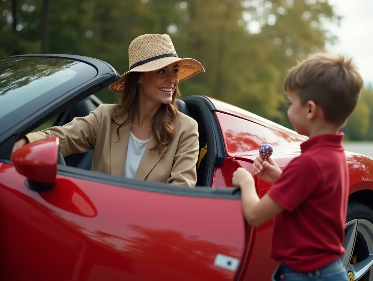 a socialite woman in a hat is exiting a ferrari and giving a candy to a little boy