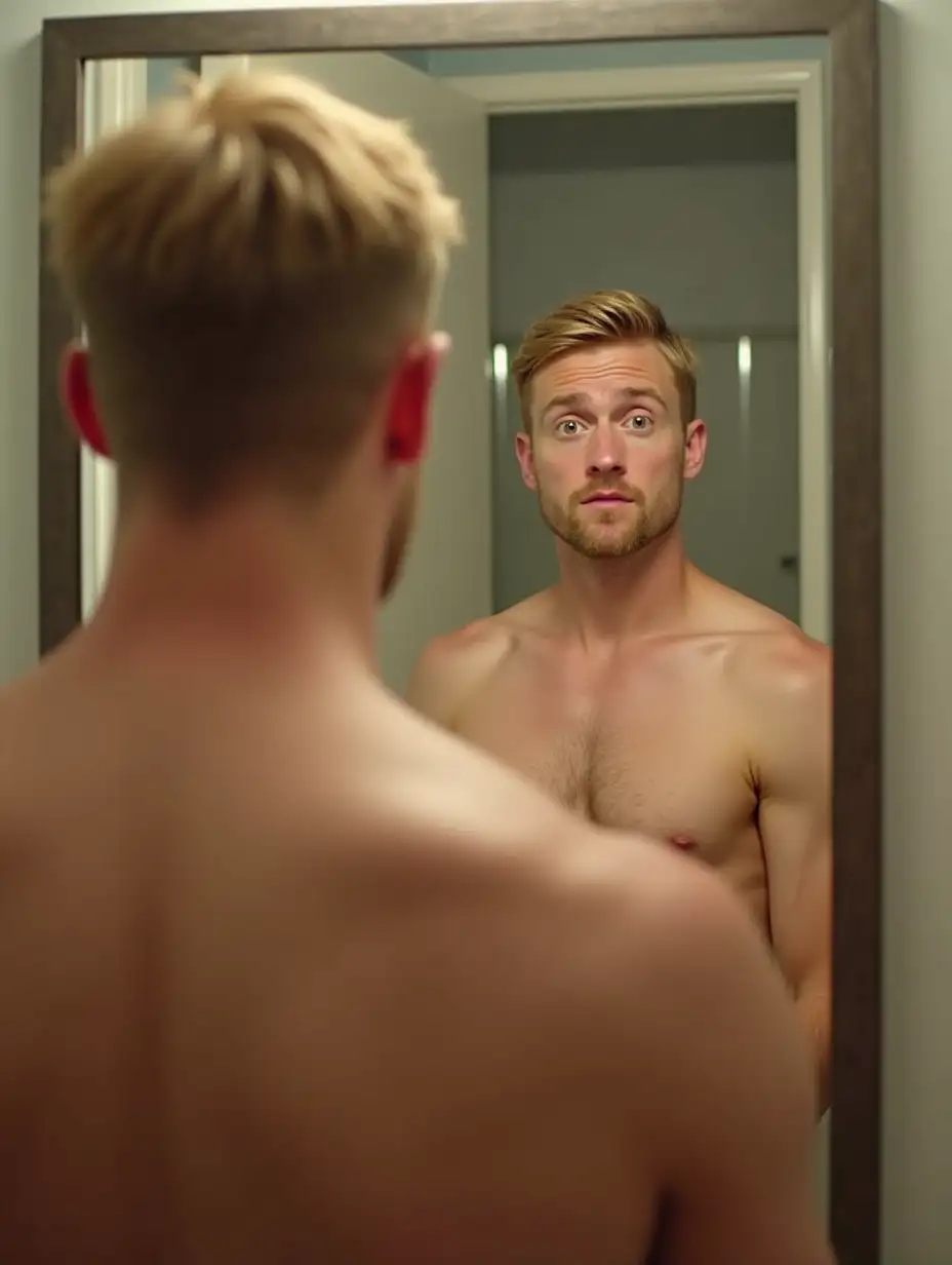A blond shirtless man looking worried at his own image in the mirror of the bathroom, like if it was not his own face.