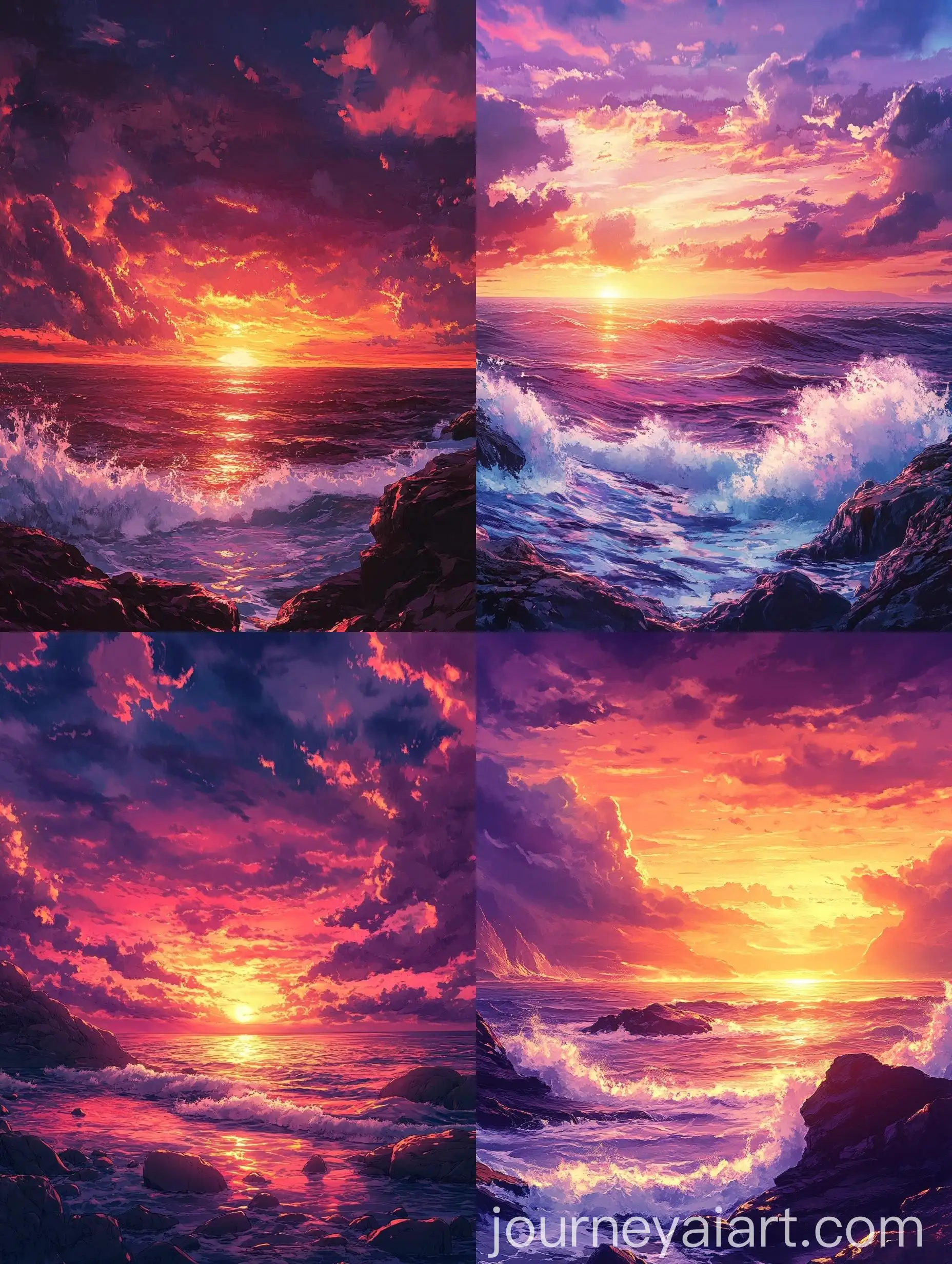 Spectacular-Anime-Sunset-Scene-Over-a-Serene-Sea-with-Chasing-Waves