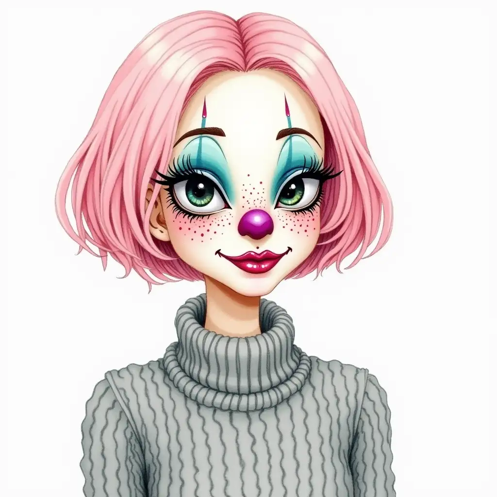 Watercolor with ink outline. Portrait of a clown, done in rich colors. She has light pink short hair. Natural face color with a thoughtful expression, pursed pink lips, turquoise eyeshadow, purple nose, very thin black eyebrows, expressive eyes. Large sparse long eyelashes slightly enlarge the eyes and give them a playful expression. Large multi-colored freckles are visible under the eyes. She is dressed in a gray knitted sweater. The look is confident and somewhat flirtatious. All textures are detailed.