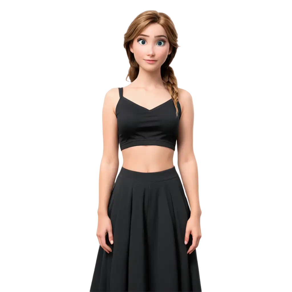 Frozen-Anna-PNG-Image-Stunning-Long-Black-Skirt-and-Crop-Top-Design-with-Ideal-Body