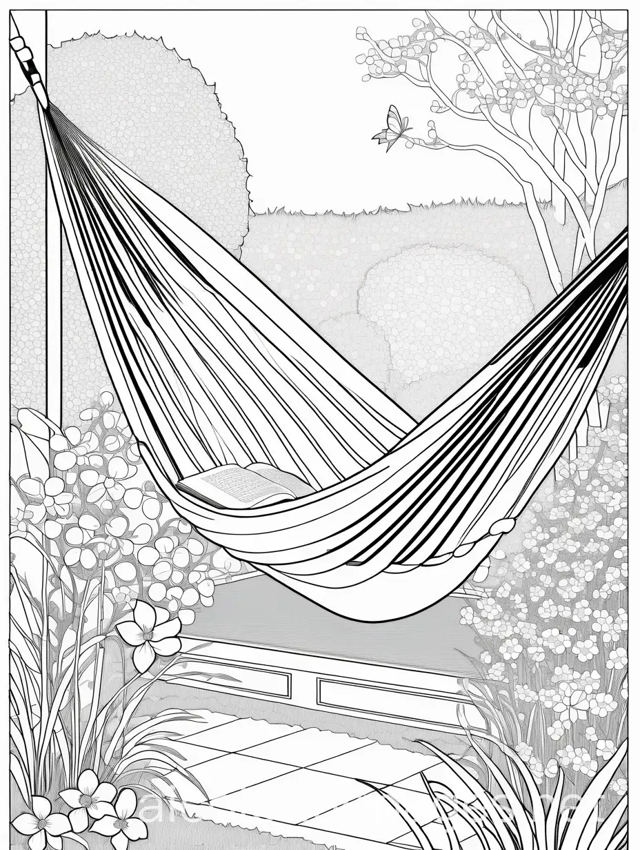 Tranquil-Hammock-in-Lush-Garden-with-Blooming-Flowers-and-Book