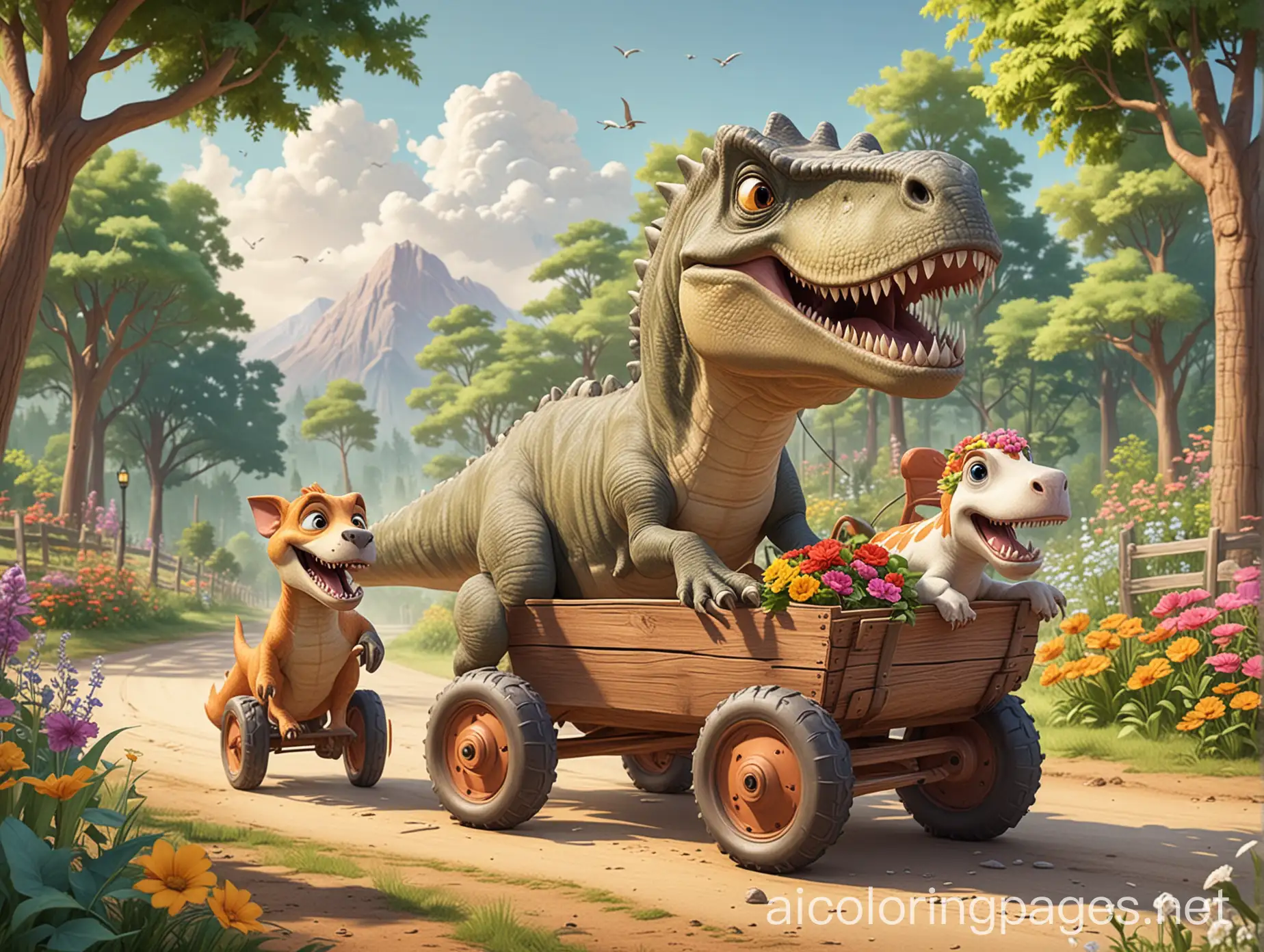 Cartoon-Dinosaur-Pulling-Wooden-Cart-with-Excited-Dog