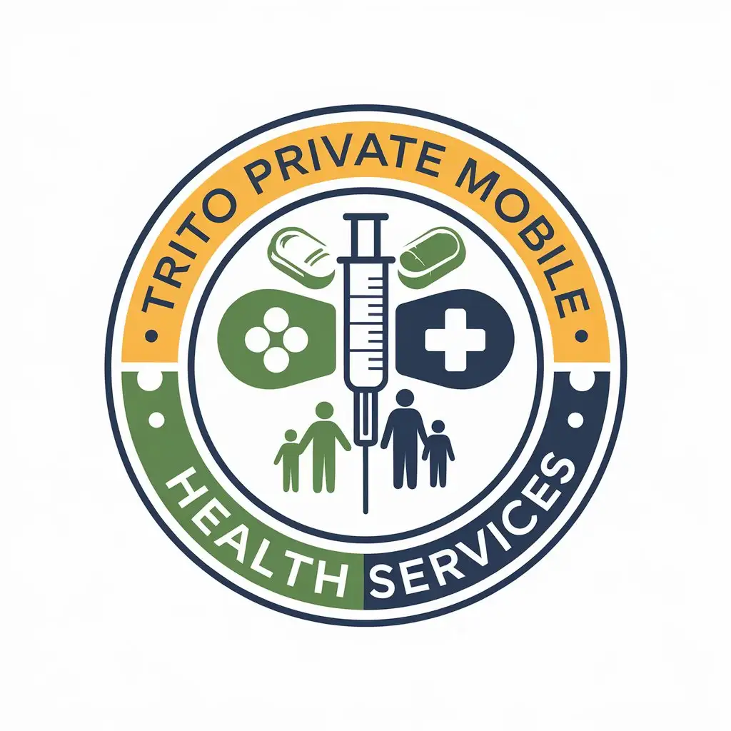 LOGO Design for TRITO PRIVATE MOBILE HEALTH SERVICES Syringe Tablets Family Unit with Yellow Green and Blue Circular Frame