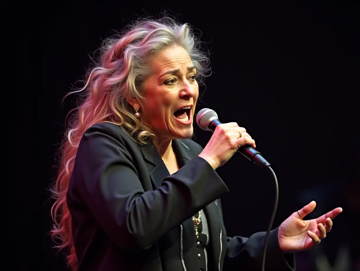 An image of Janice Joplin singing and performing live on stage, she has been on stage for a long time and is exhausted, show detail, like expression, sweat, etc.