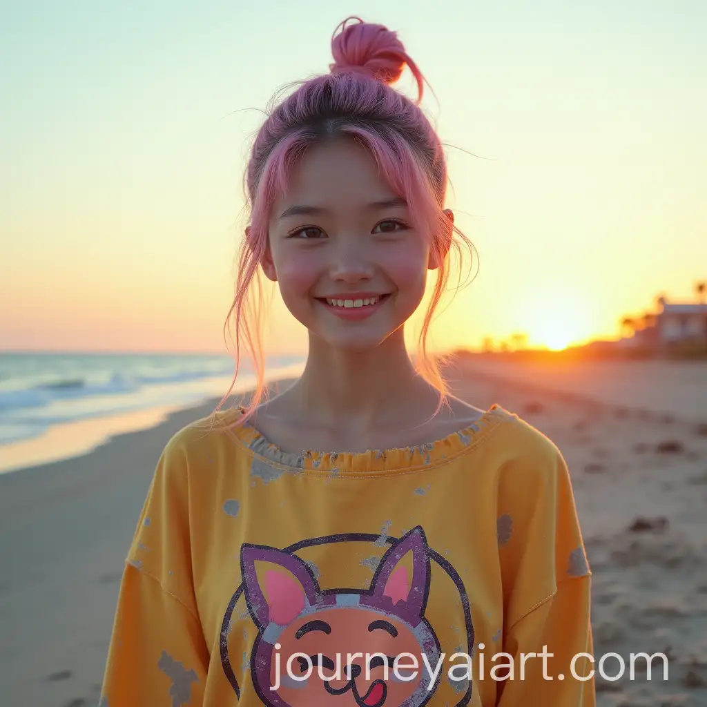 Young-Woman-in-Tattered-Clothes-Smiling-on-a-PostApocalyptic-Beach-at-Sunset
