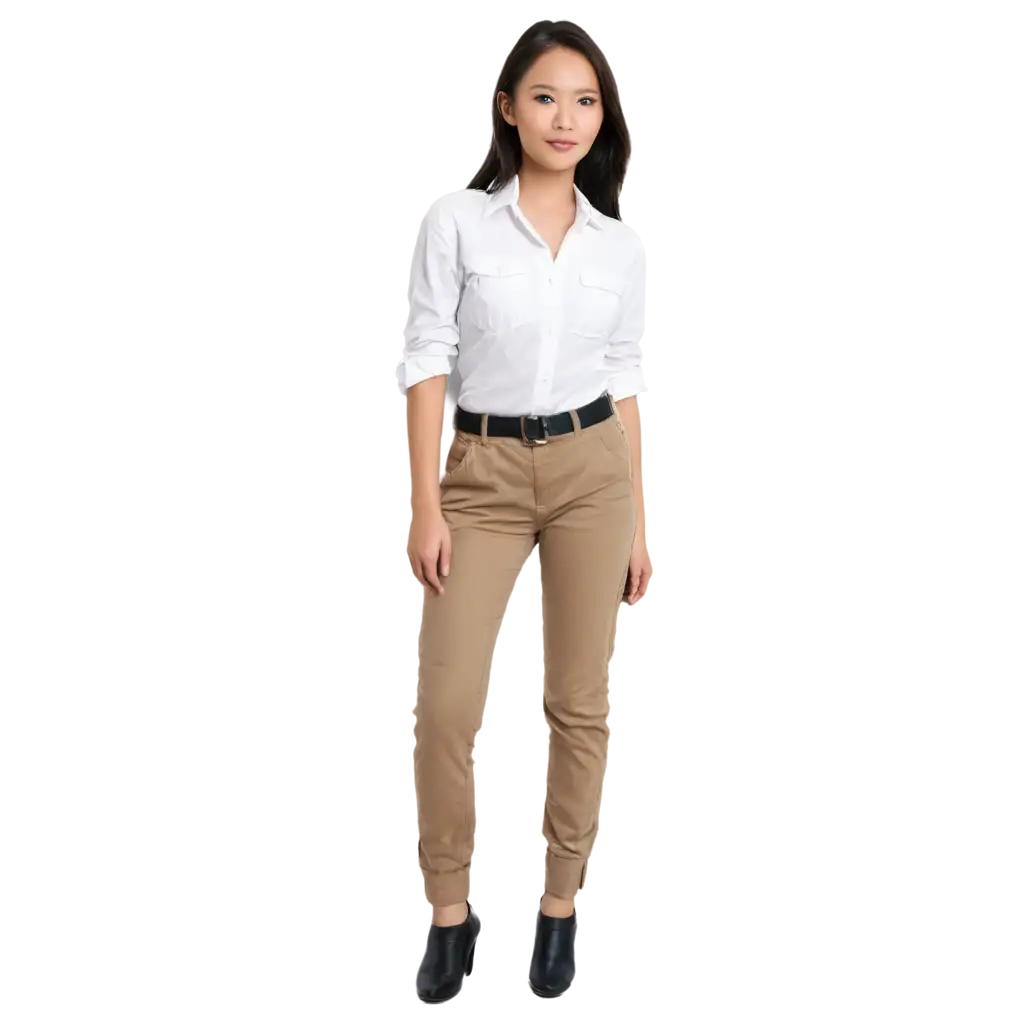 PNG-Image-of-a-Pretty-Indonesian-Woman-in-White-Shirt-and-Cream-Cargo-Pants-HighQuality-Clarity-and-Versatility