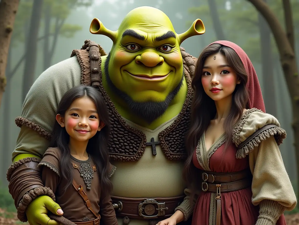 Ki-Fantasy family,Man,Woman, and Children, giant Shrek face with beard and with wooden armor equipment