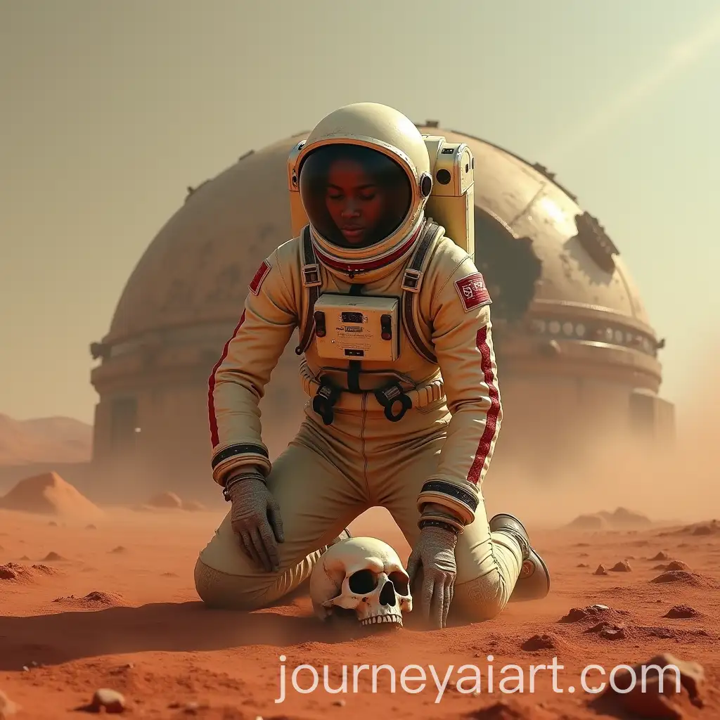 Maasai-astronaut-on-MarsBlack-Maasai-Female-Astronaut-on-Mars-with-Crashed-Spacecraft-and-Human-Skull