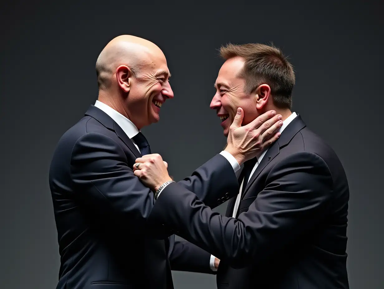 marmeren beeld Jeff Bezos, the second richest man in the world, and Elon Musk, the richest man in the world, wrestling, fighting, competing