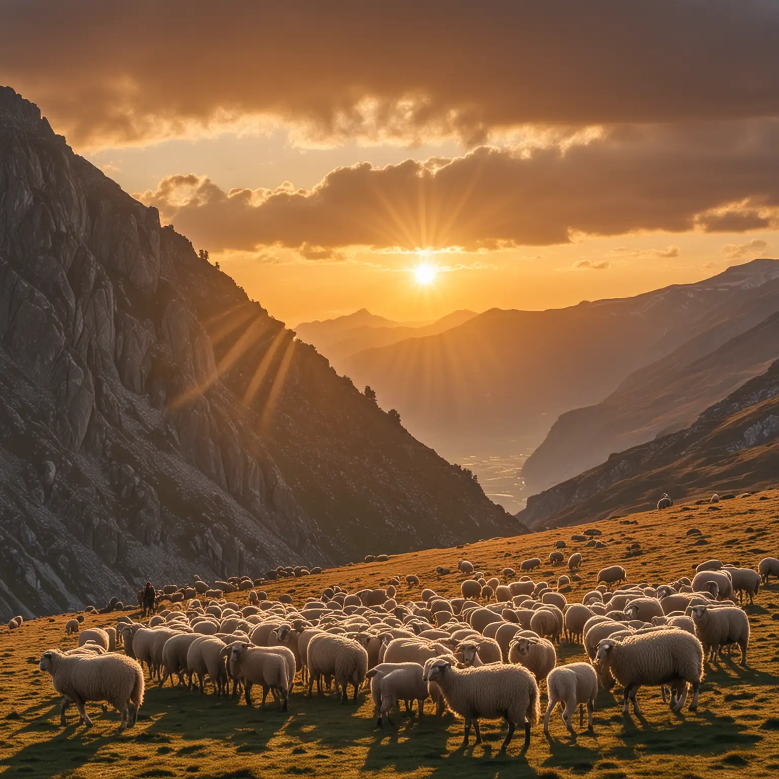 Mountain Landscape with Shepherd and Sheep at Sunrise