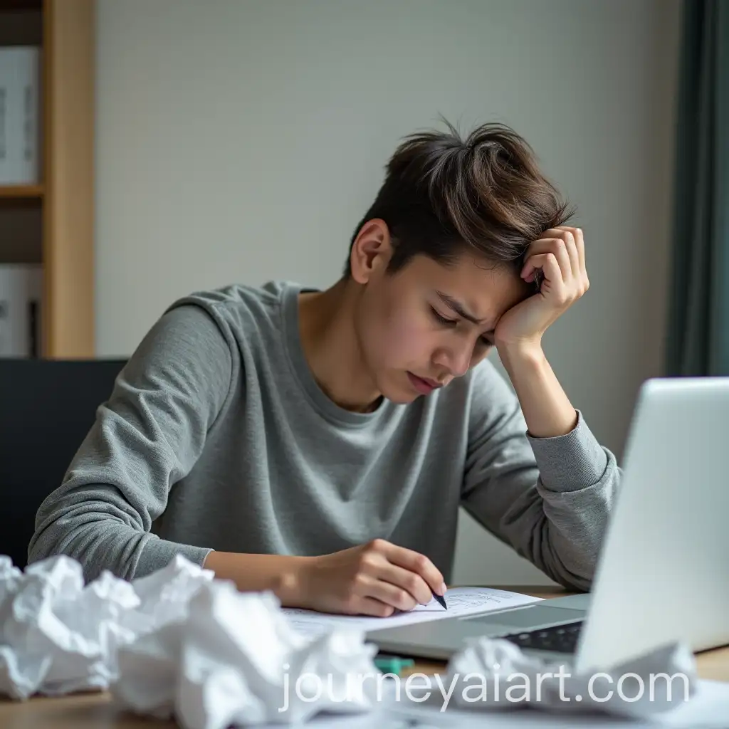 Young-Person-Feeling-Frustrated-and-Stagnant-at-Desk-with-Crumpled-Papers