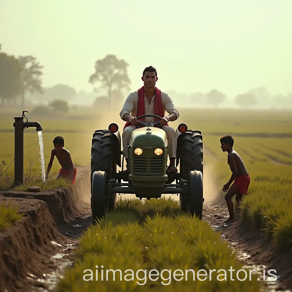 Cristiano-Ronaldo-Driving-Tractor-in-Rural-India-with-Children-Bathing-Near-Tube-Well