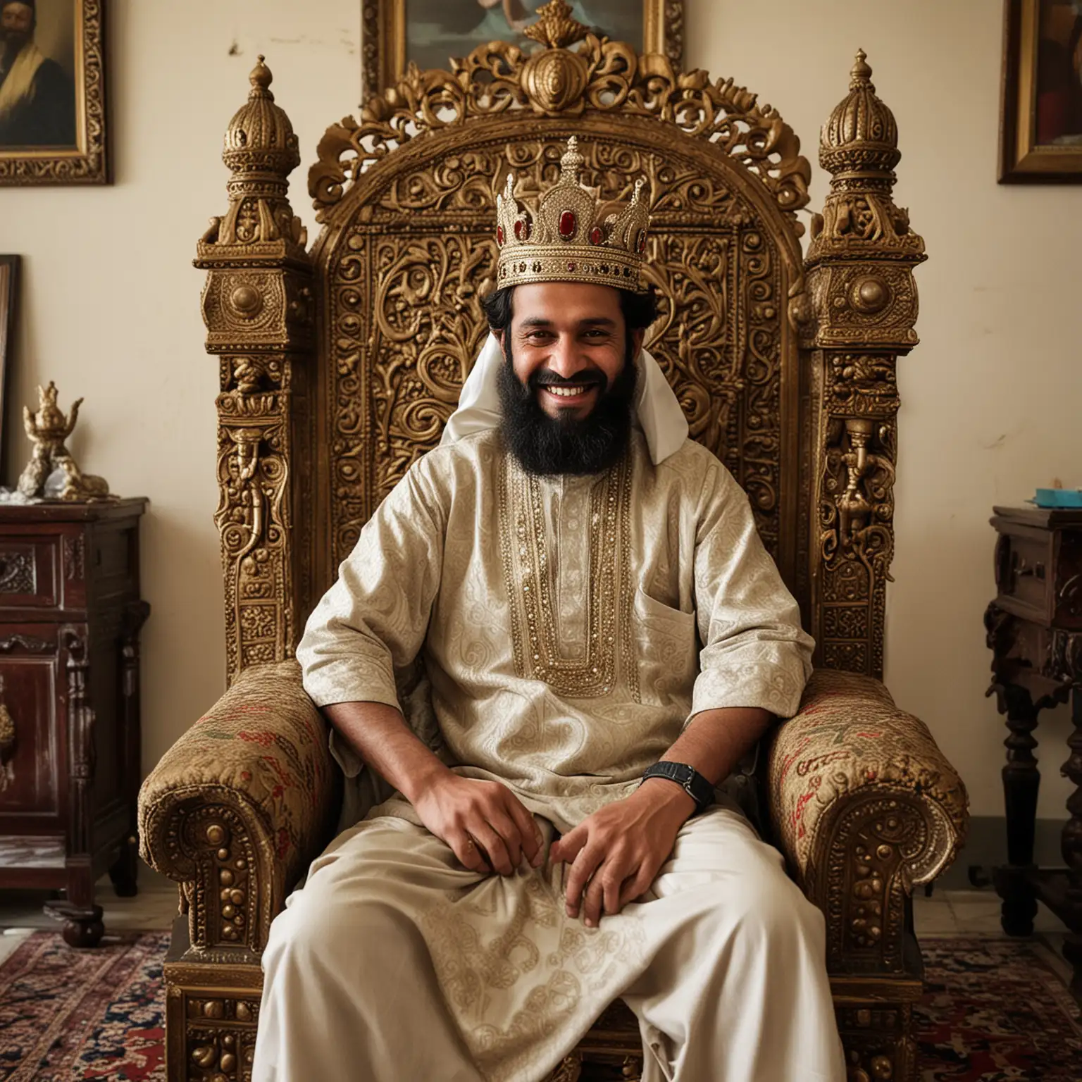 A Pakistani sits as a king on a throne in his living room in Karachi, smiles