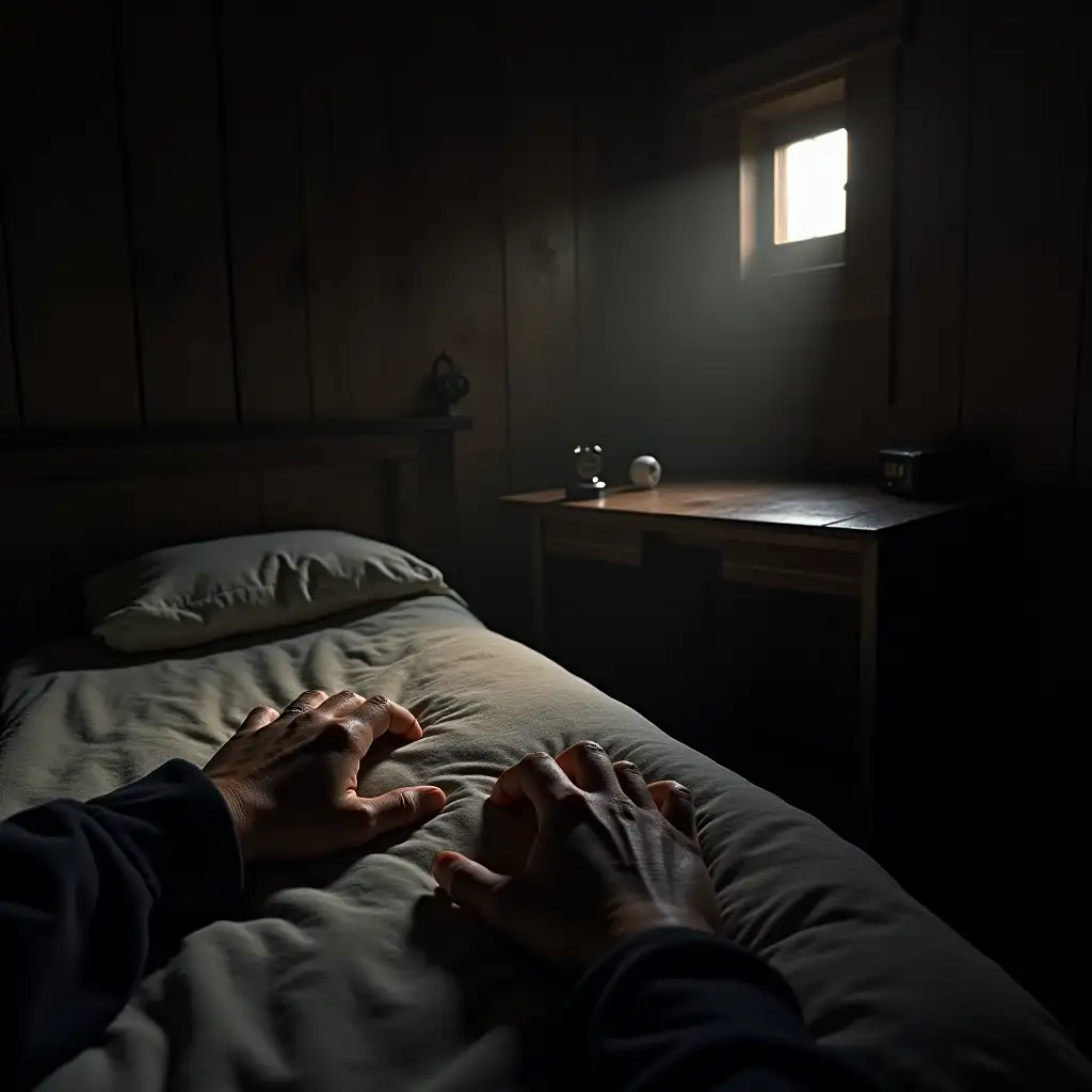 Pov First-person perspective of J. Robert Oppenheimer waking up in a dimly lit government-issued room in Los Alamos, 1943. His hands rest on a simple wooden bed. A nightstand with a cigarette case and a wristwatch showing 6:20 AM is visible. The morning light faintly filters through a small window, casting long shadows on the wooden walls. The atmosphere feels cold and heavy with exhaustion