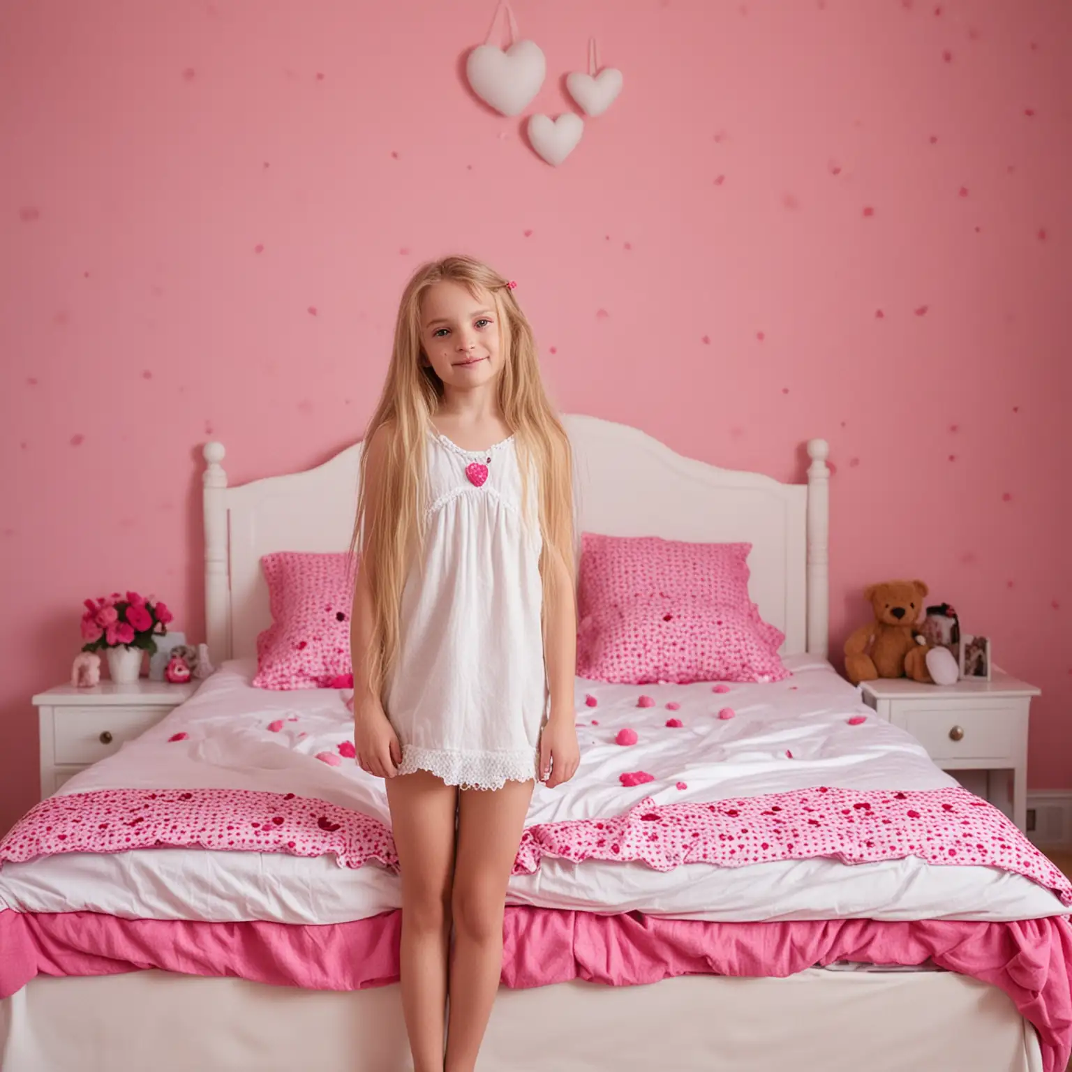 12 year old adorable cute petite skinny girl with long blonde hair, wearing an off white nightie standing in her bedroom.  The small bed is covered by a bright pink bedspread with flowers and hearts. There are a couple of stuffed animals on the bed and several fluffy pillows, and the room has a pink wall.