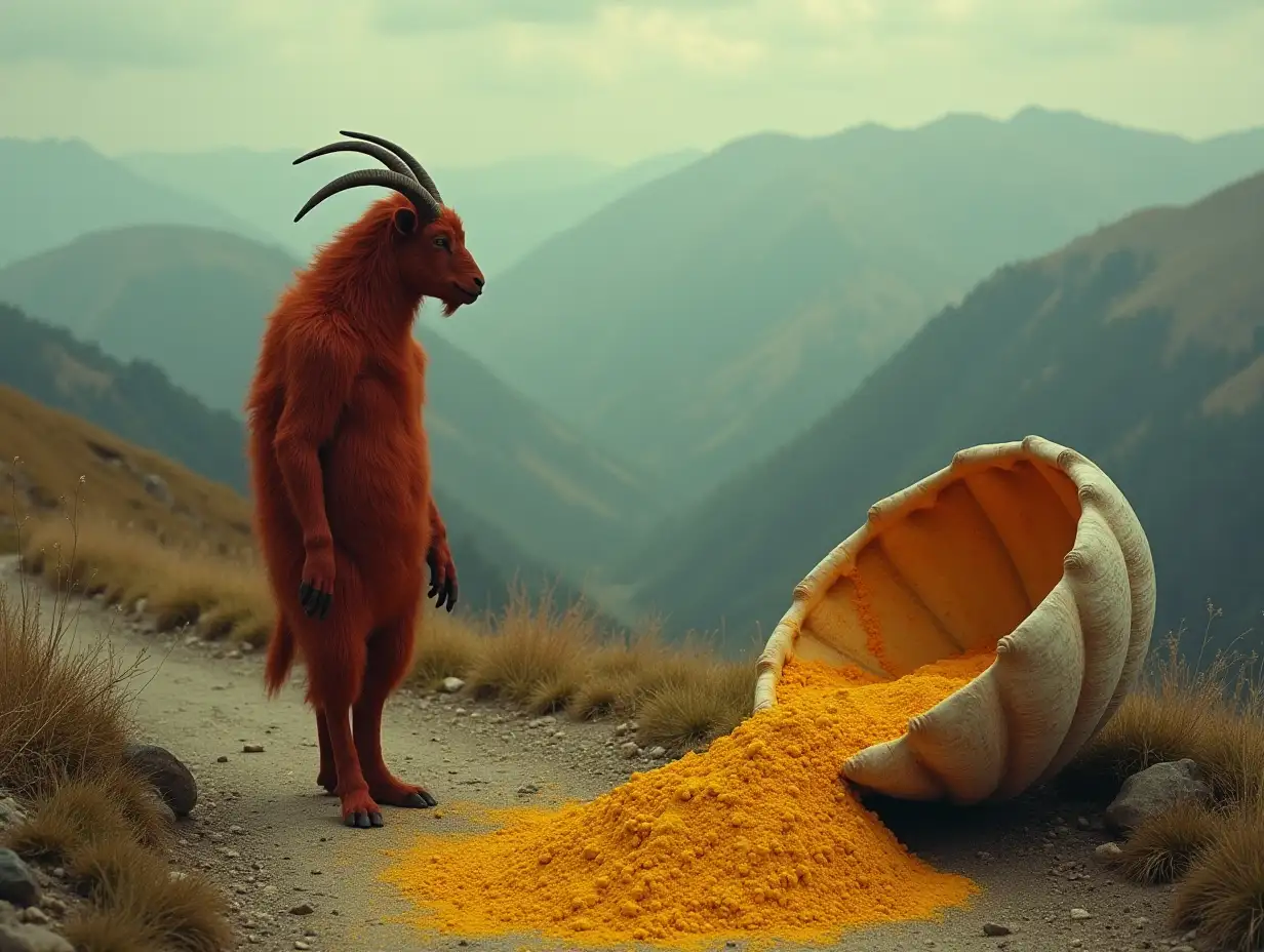 RedHaired-Hybrid-Goat-Man-on-Mountain-Path-with-Gold-Shell-Spill