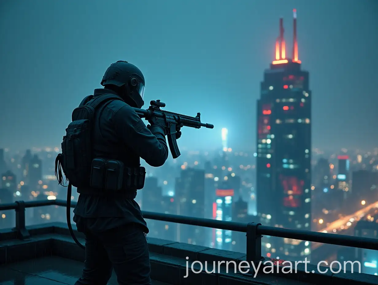 Futuristic-Soldier-vs-Cyber-Police-on-Rooftop-During-Rainy-Night-in-a-Futuristic-City