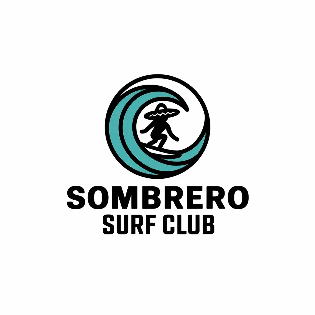 LOGO Design for Sombrero Surf Club Circle Logo with Surfer and Sombrero