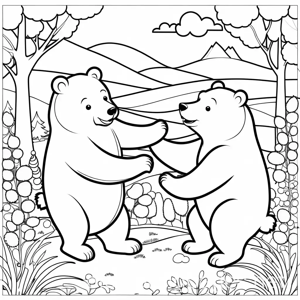 bears at play, Coloring Page, black and white, line art, white background, Simplicity, Ample White Space. The background of the coloring page is plain white to make it easy for young children to color within the lines. The outlines of all the subjects are easy to distinguish, making it simple for kids to color without too much difficulty