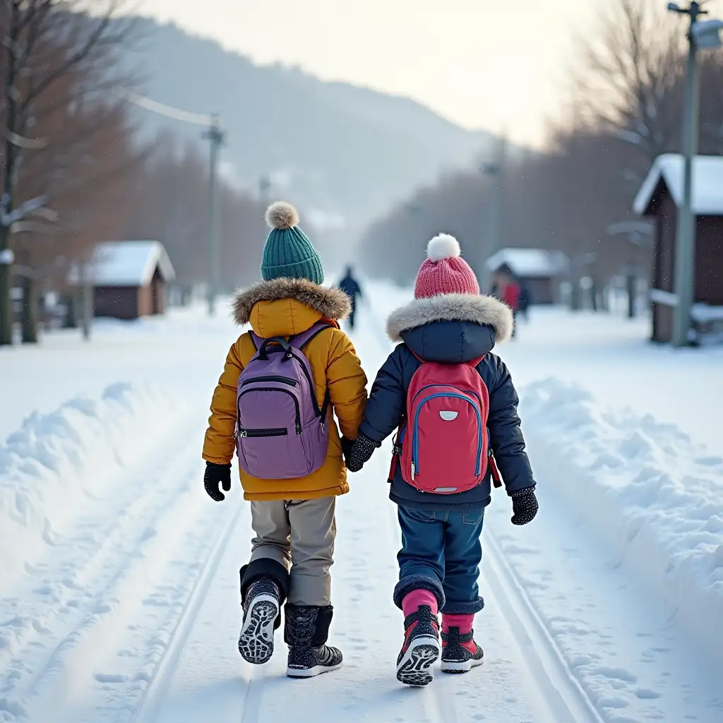 Children-Excitedly-Walking-Towards-Water-Park-in-Winter-with-Adults-Nearby