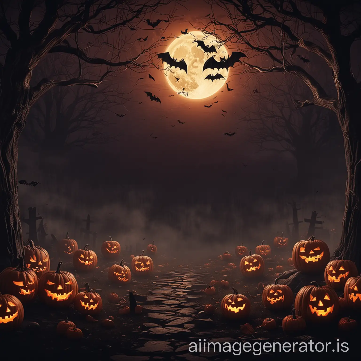 Spooky-Halloween-Night-Scene-with-Jackolanterns-and-Haunted-House